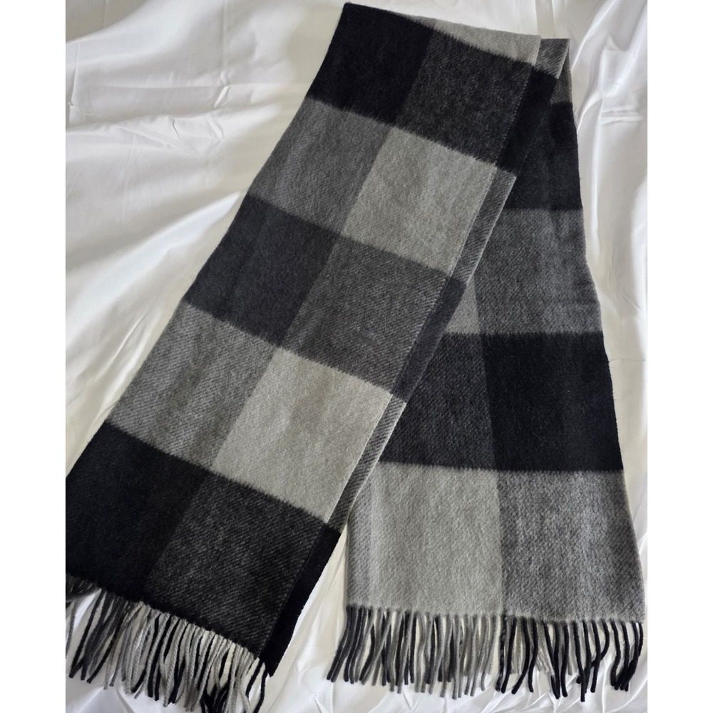 Coach Cashmere Wool Buffalo Check Plaid Black Gray Men's Scarf 65" x 23" NWOT
